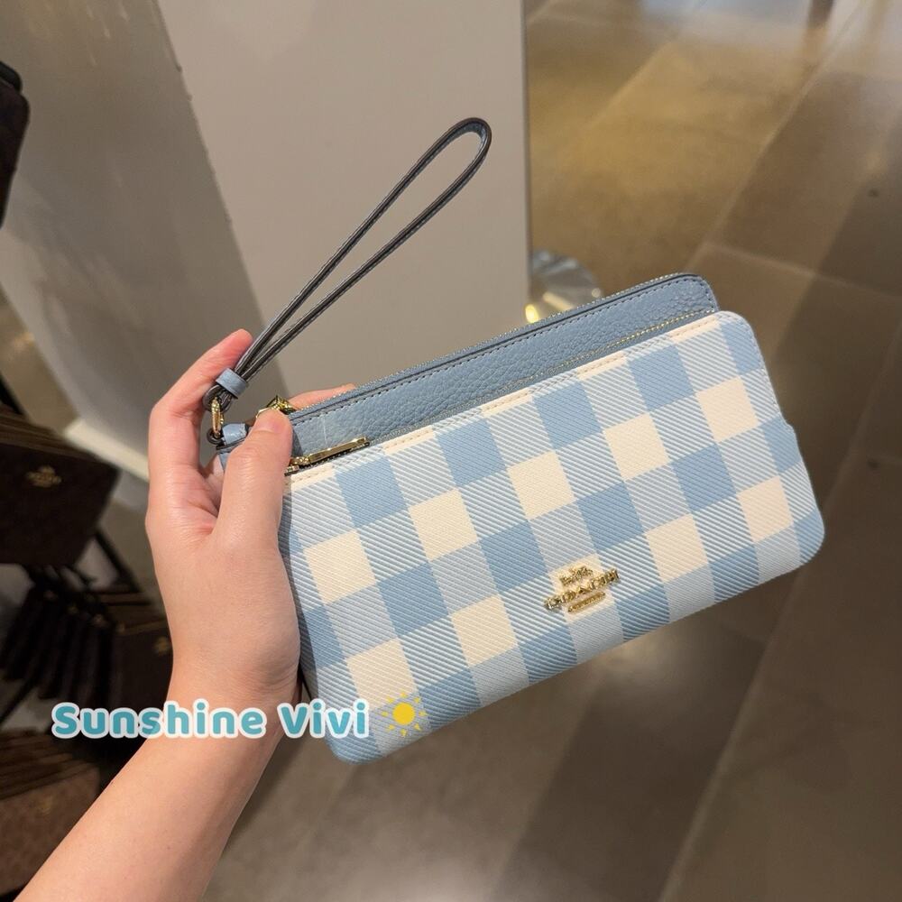 NWT Coach Double Zip Wristlet With Gingham Print Gold/Blue Multi CEY50